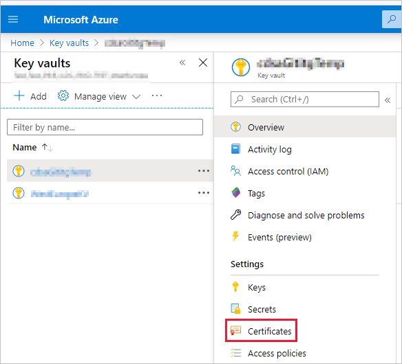 Skærmbillede af vinduet Azure-portal, som viser siden Key vaults med det fremhævede element Certifikater.