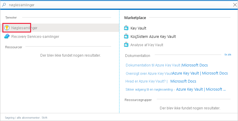 Skærmbillede af vinduet Azure-portal, som viser et link til key vault-tjenesten på listen Tjenester.