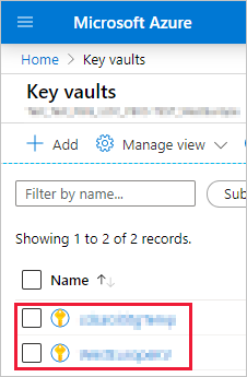Skærmbillede af vinduet Azure-portal, som viser en liste over slørede key vaults på listen Key vaults.