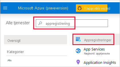 Skærmbillede af Azure-portal med appregistrering i søgefeltet. Dette felt og ikonet Appregistreringer er fremhævet.