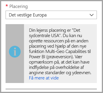 Screenshot of the Azure portal capacity creation screen, which shows the capacity's location is different than the default tenant location.