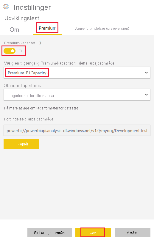 Skærmbillede af Premium-indstillingerne for et arbejdsområde i Power BI-tjeneste. En valgt kapacitet og knappen Gem er fremhævet.