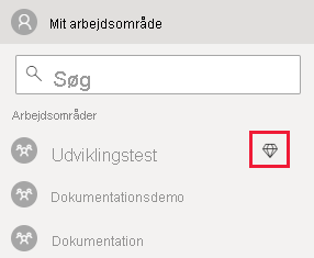 Skærmbillede af Power BI-tjeneste. På listen Arbejdsområder kan du se en rombe ud for navnet på et arbejdsområde, hvor der er tildelt en kapacitet.