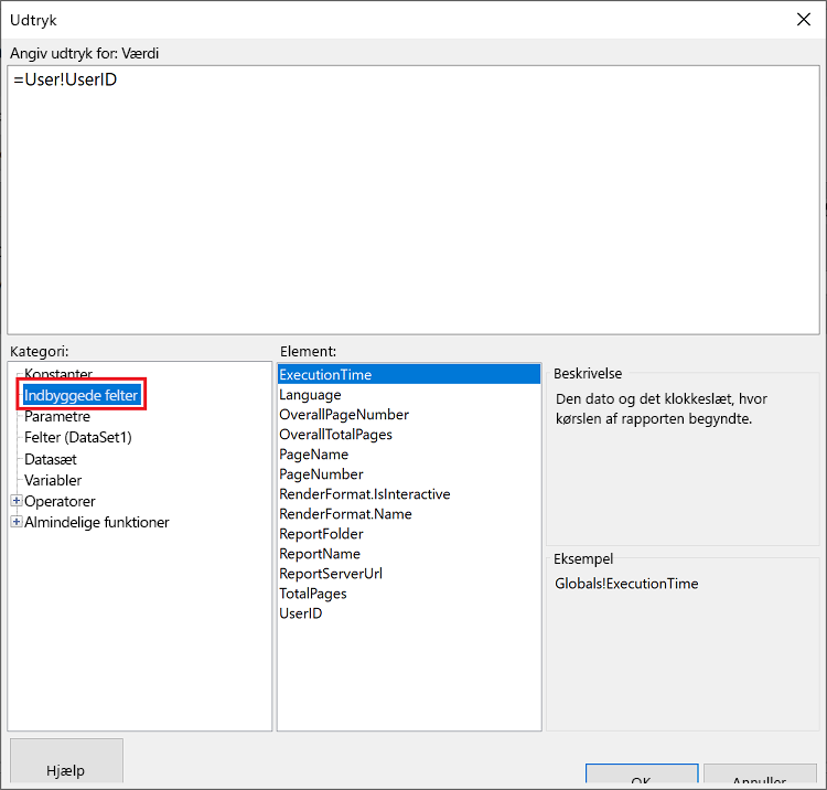 Skærmbillede, der viser vinduet Udtryk med indbyggede felter valgt som Kategori og ExecutionTime valgt som Element.