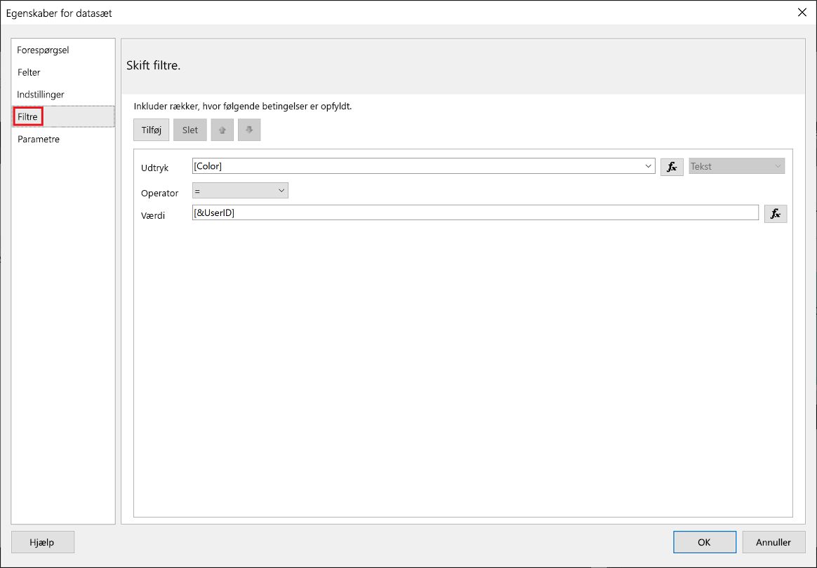 Skærmbillede af Power BI Report Builder-filteret.