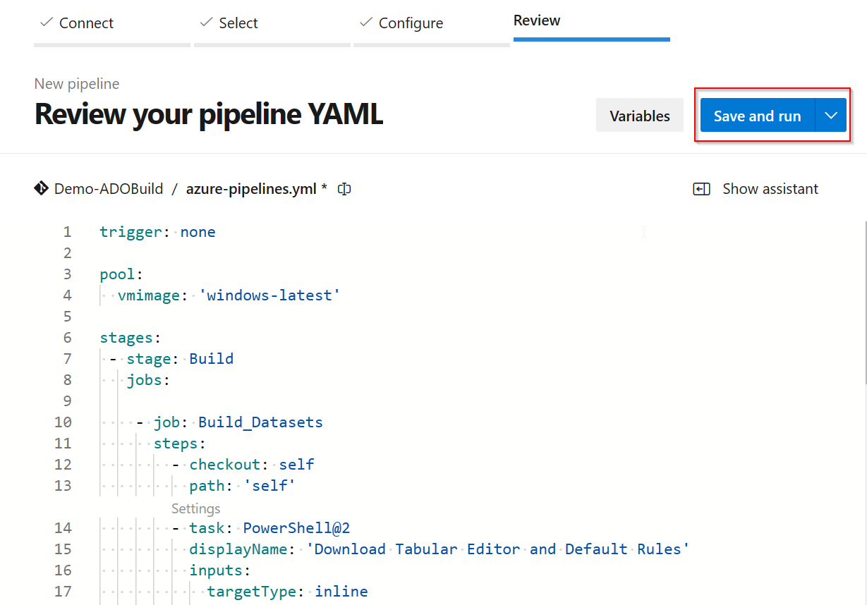 Skærmbillede af en gennemgang af YAML-koden.