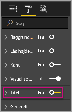 Skærmbillede af ruden Visualiseringer, hvor knappen Titel er slået fra. 