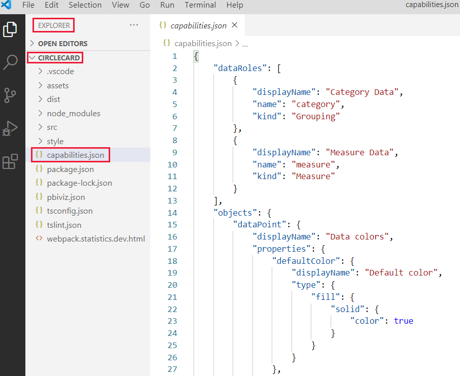 Skærmbillede af adgang til filen capabilities.json i V S-kode.