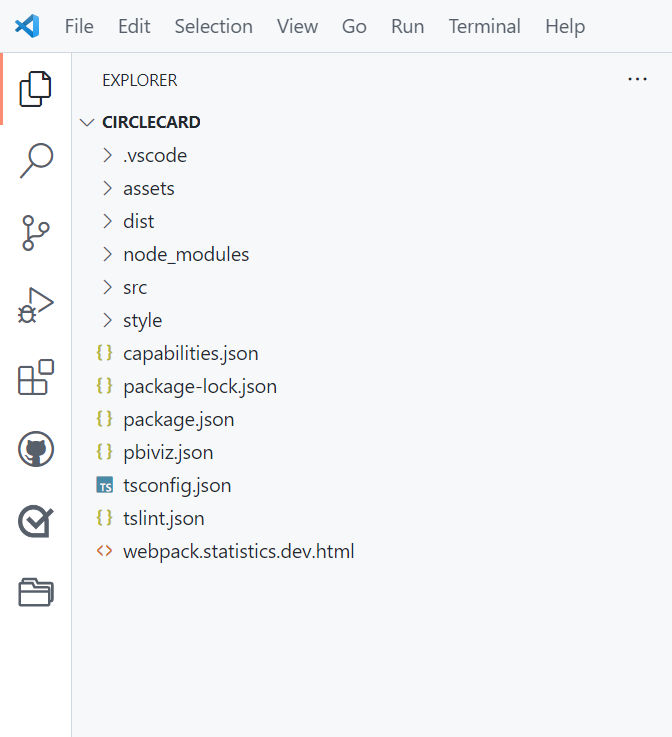 Skærmbillede af vinduet VS Code, der er åbnet i cirkelkortmappen.