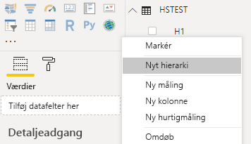 Skærmbillede, der viser Power BI Desktop med Nyt hierarki valgt i en genvejsmenu.