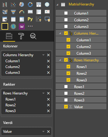 Skærmbillede, der viser MatrixHierarchy med hierarkiet for kolonner og rækker og deres medlemmer valgt.