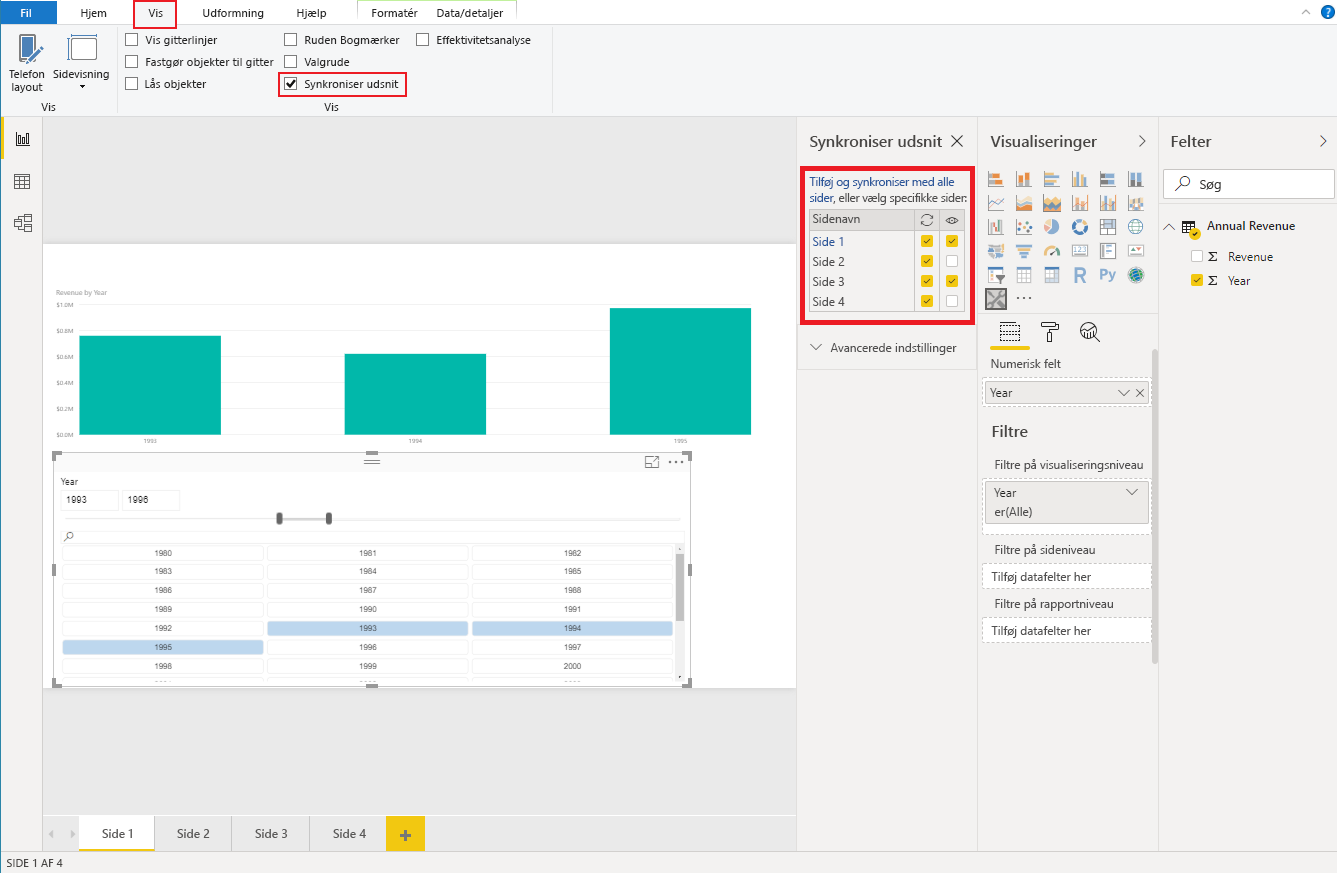 Skærmbillede af Power BI Desktop, som viser ruden Vis synkroniser udsnit.