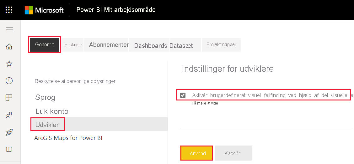 Skærmbillede af aktivér udviklertilstand under fanen Indstillinger for Udvikler i Power BI.