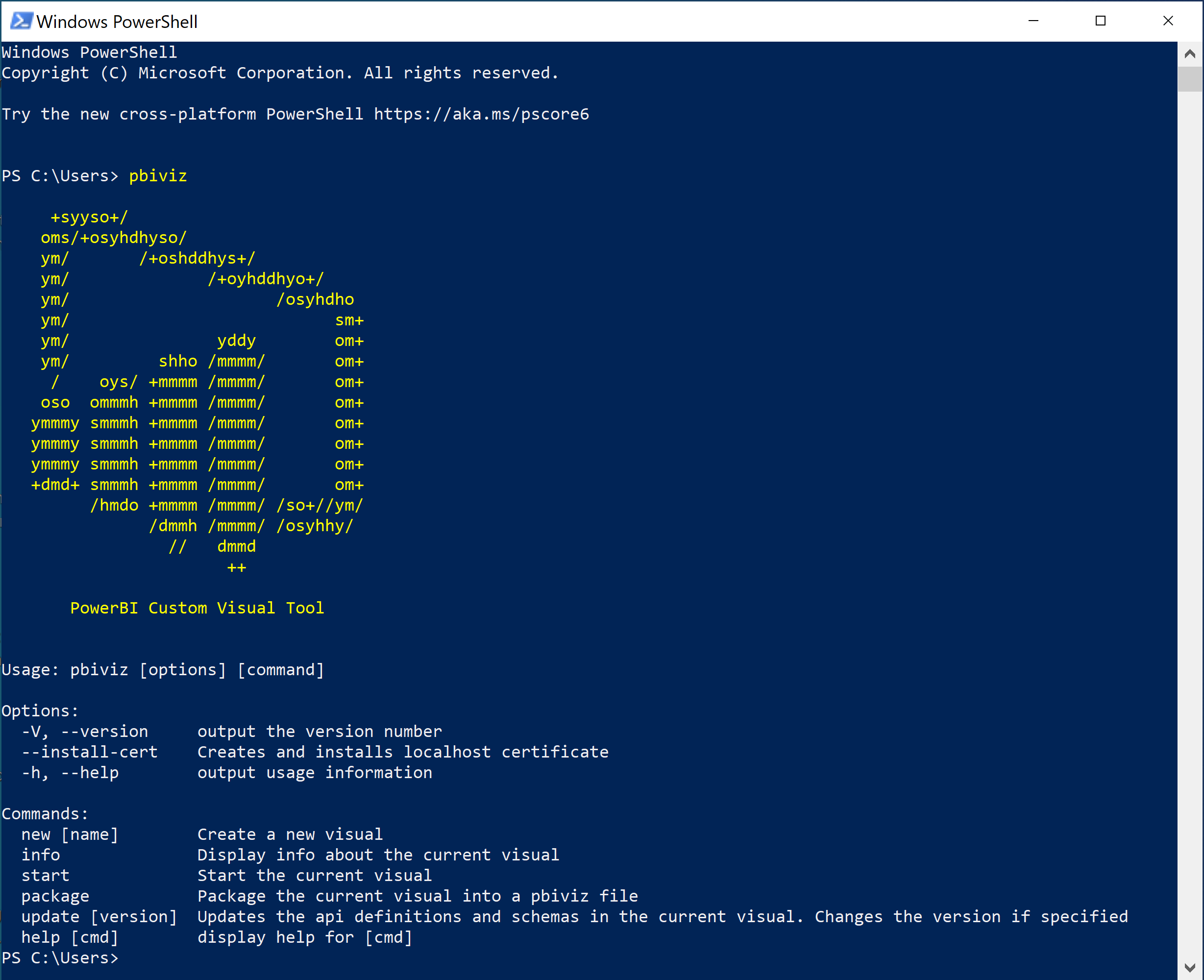 Skærmbillede af outputtet for udførelse af kommandoen p b i viz i PowerShell.