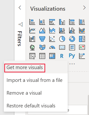 Skærmbillede af ruden Power BI-visualiseringer, som viser indstillingen Hent flere visualiseringer er fremhævet.