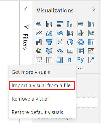 Skærmbillede af ruden Power BI-visualiseringer, som viser indstillingen Importér en visualisering fra en fil er fremhævet.