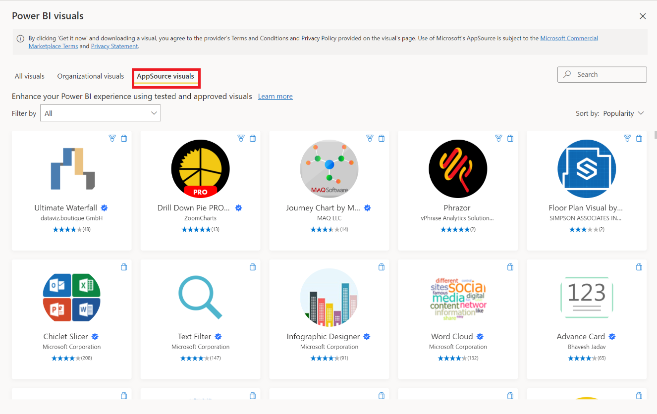 Skærmbillede af dialogboksen Power BI-visualiseringer, der viser de visualiseringer, der er tilgængelige til import, og indstillingen fremhævede AppSource-visualiseringer.