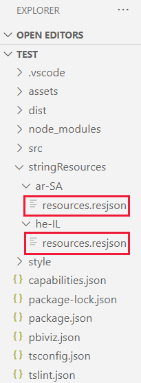 Et VS Code-skærmbillede af en visuel projektmappe. Hver undermappe i mappen med strengressourcer har en ressource-dot resjson-fil.