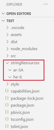 Et VS Code-skærmbillede af en visuel projektmappe. Mappen med strengressourcer har to undermapper, én til arabisk og én til hebraisk.