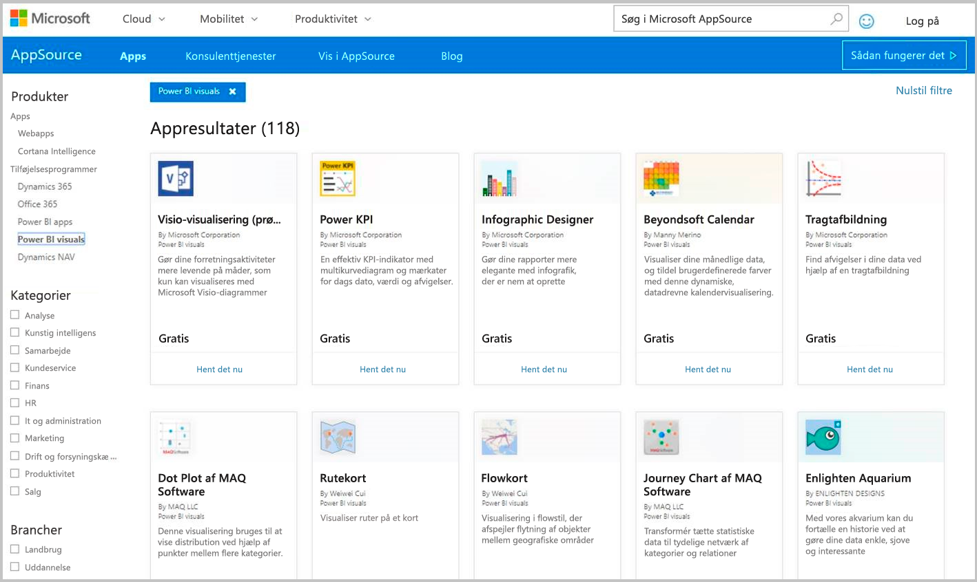 Skærmbillede af Power BI-visualiseringer i AppSource.