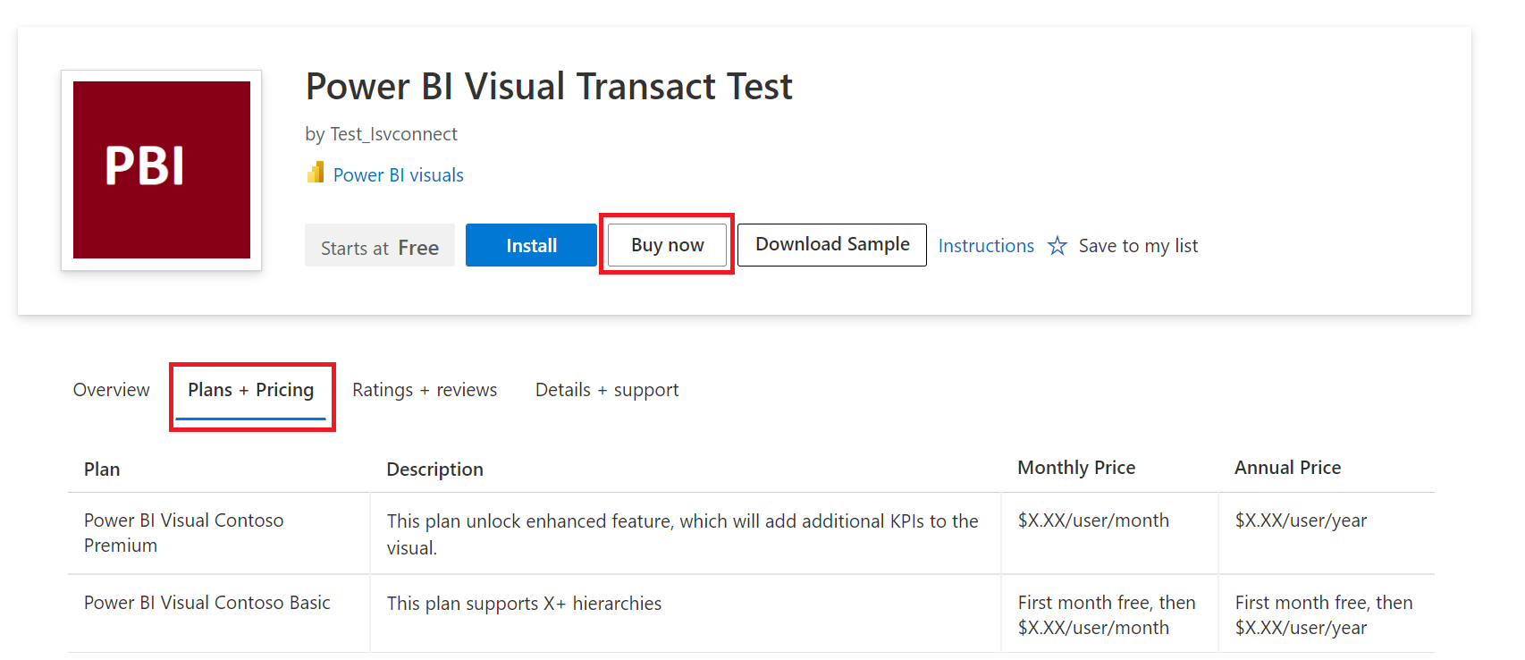 Skærmbillede, der viser en brugerdefineret visualisering, der kan downloades med prisoplysninger.