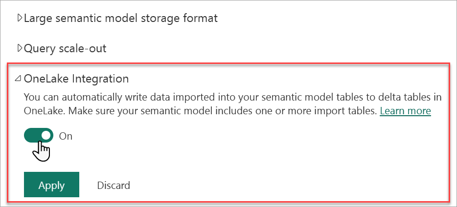 Aktivér OneLake-integration i modelindstillinger.