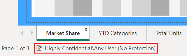 Skærmbillede, der viser en følsomhedsmærkat fremhævet på statuslinjen i Power BI Desktop.