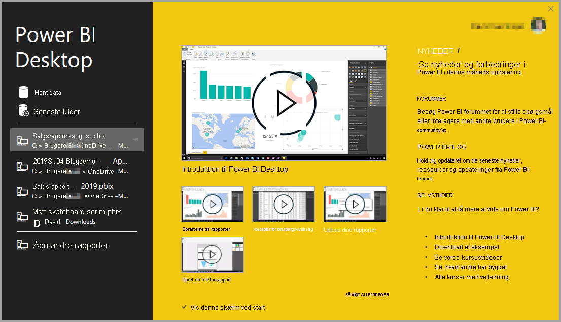 Skærmbillede af Power BI Desktop-installationen, der viser velkomstskærmen.