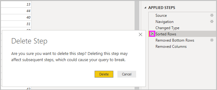 Skærmbillede af Power BI Desktop, der viser dialogboksen Slet trin.