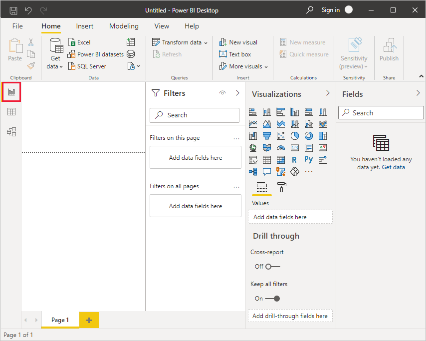 Skærmbillede af Power BI Desktop, der viser standardvisningen.