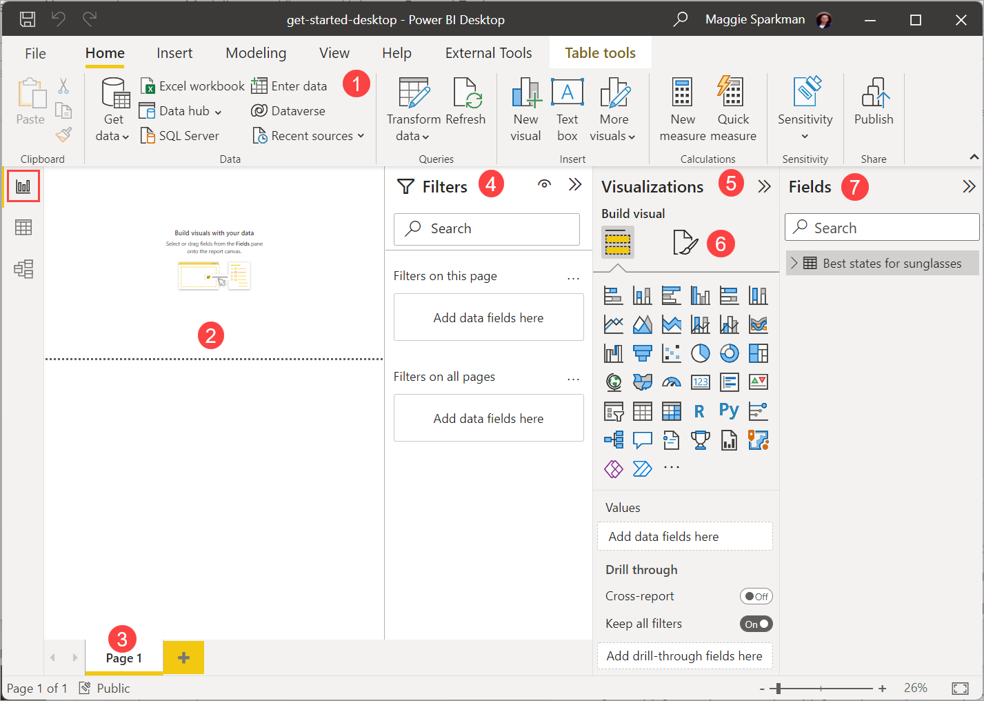 Skærmbillede af Power BI Desktop, der viser visningen Rapport.