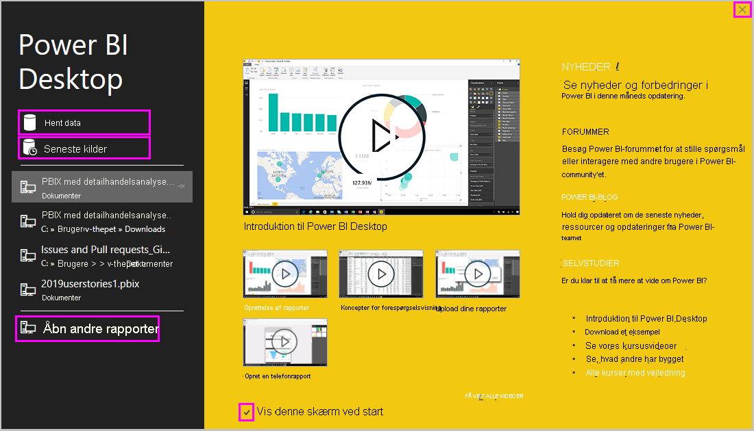 Skærmbillede af Power BI Desktop, der viser velkomstskærmen.