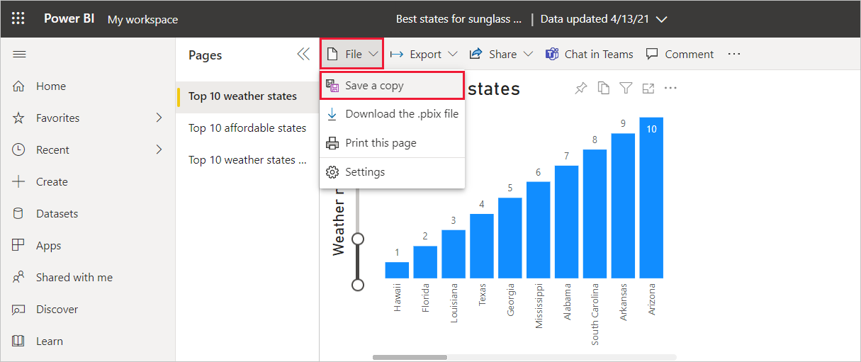 Skærmbillede af Power BI Desktop, der viser indstillingen Gem.