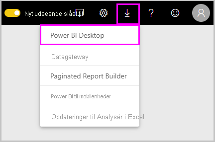 Skærmbillede af Power BI-tjenesten, der viser indstillingen Download Power BI Desktop.