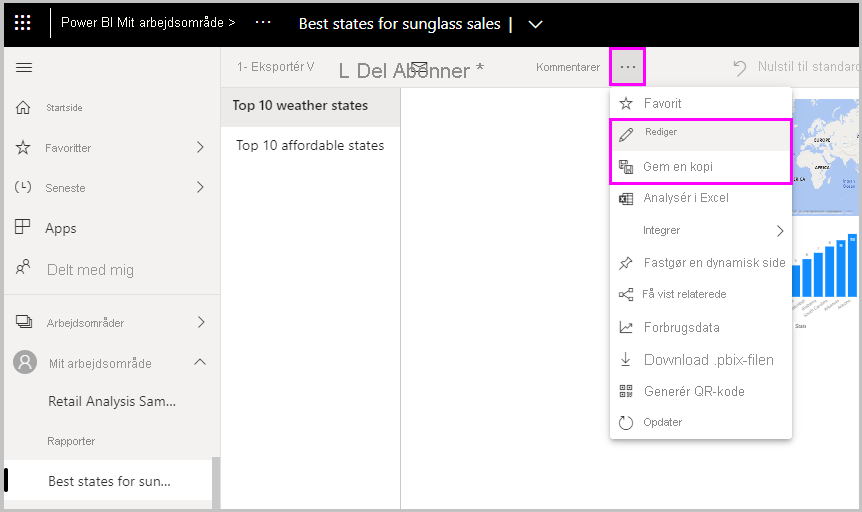 Skærmbillede af Power BI Desktop, der viser indstillingen Rediger.