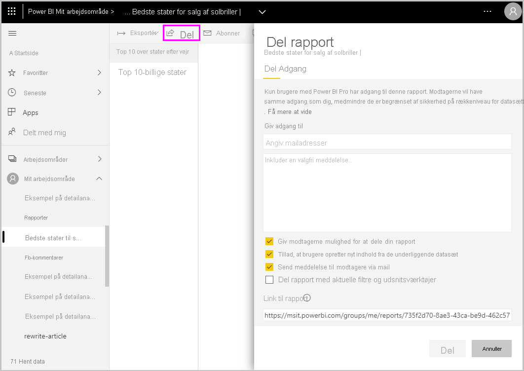 Skærmbillede af Power BI Desktop, der viser skærmen Del rapport.