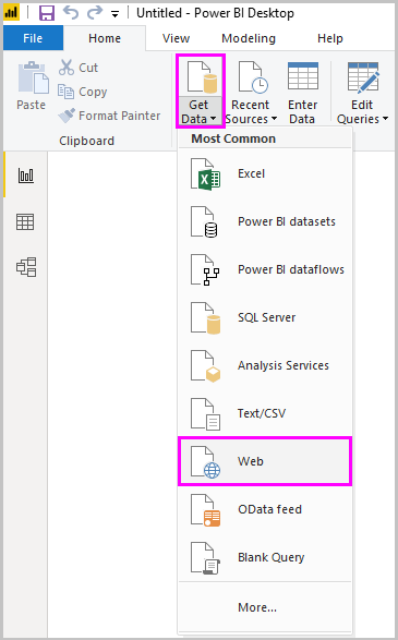 Skærmbillede af Power BI Desktop, der viser webindstillingen for værktøjet Hent data.