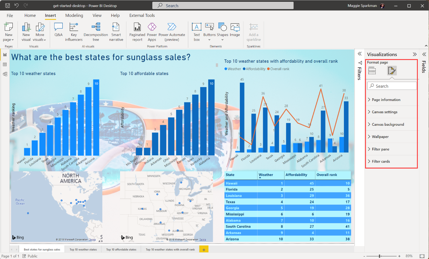 Skærmbillede af Power BI Desktop, der viser den færdige rapportside.