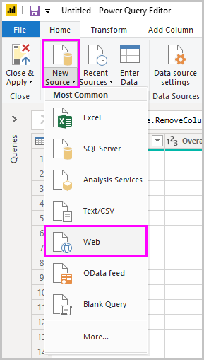 Skærmbillede af Power BI Desktop, der viser Power Query-editor, der vælger Web fra Ny kilde.