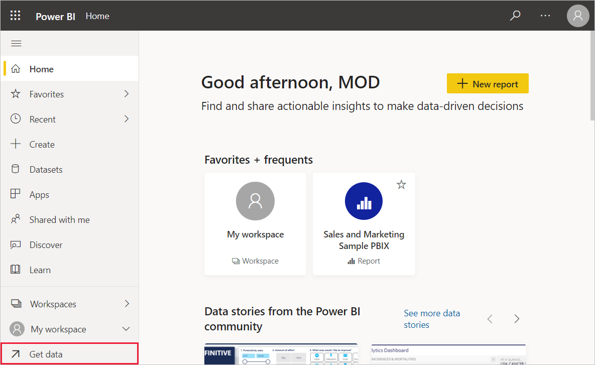 Skærmbillede af Power BI Desktop, der viser indstillingen Hent data.