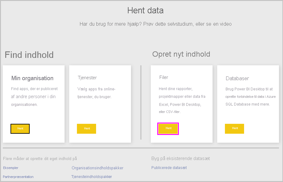 Skærmbillede af Power BI Desktop, der viser skærmbilledet Hent data.