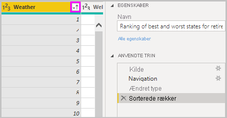 Skærmbillede af Power BI Desktop, der viser sorterede rækker, der vises i Anvendte trin.