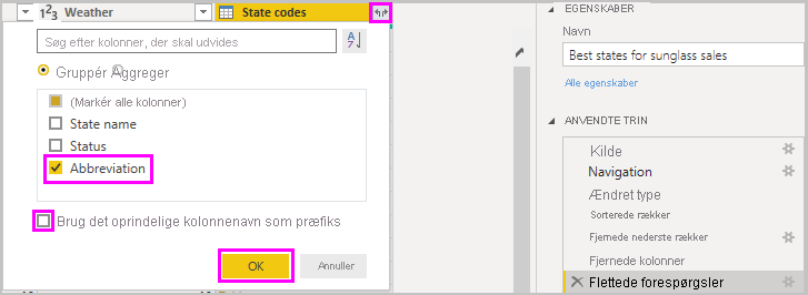 Skærmbillede af Power BI Desktop, der viser kolonnen Forkortelse for statskoder.