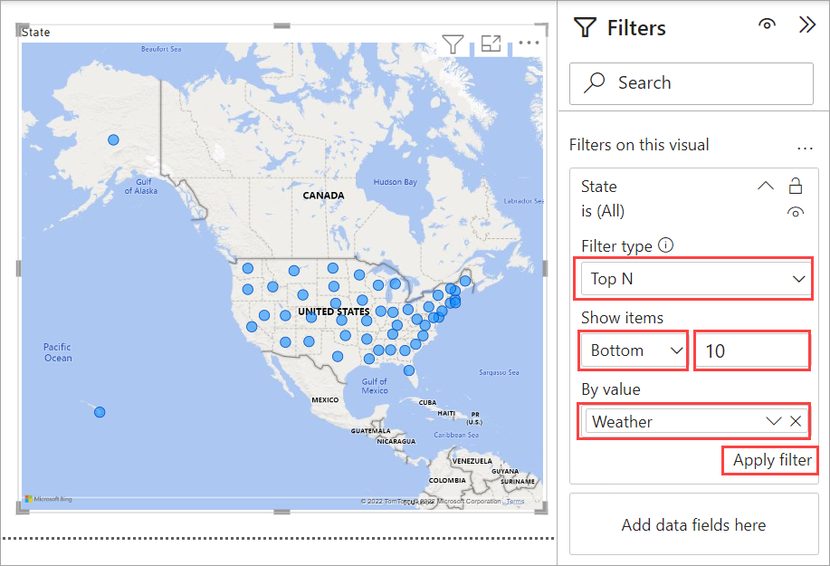 Skærmbillede af Power BI Desktop, der viser filteret Vejr.