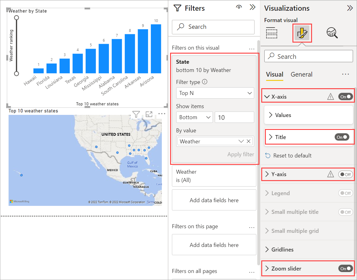 Skærmbillede af Power BI Desktop, der viser det færdige søjlediagram.