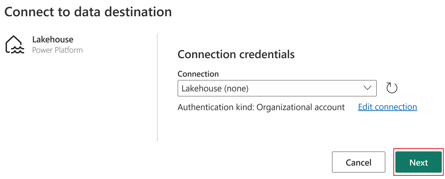 Skærmbillede af menuen Opret forbindelse til datadestination.