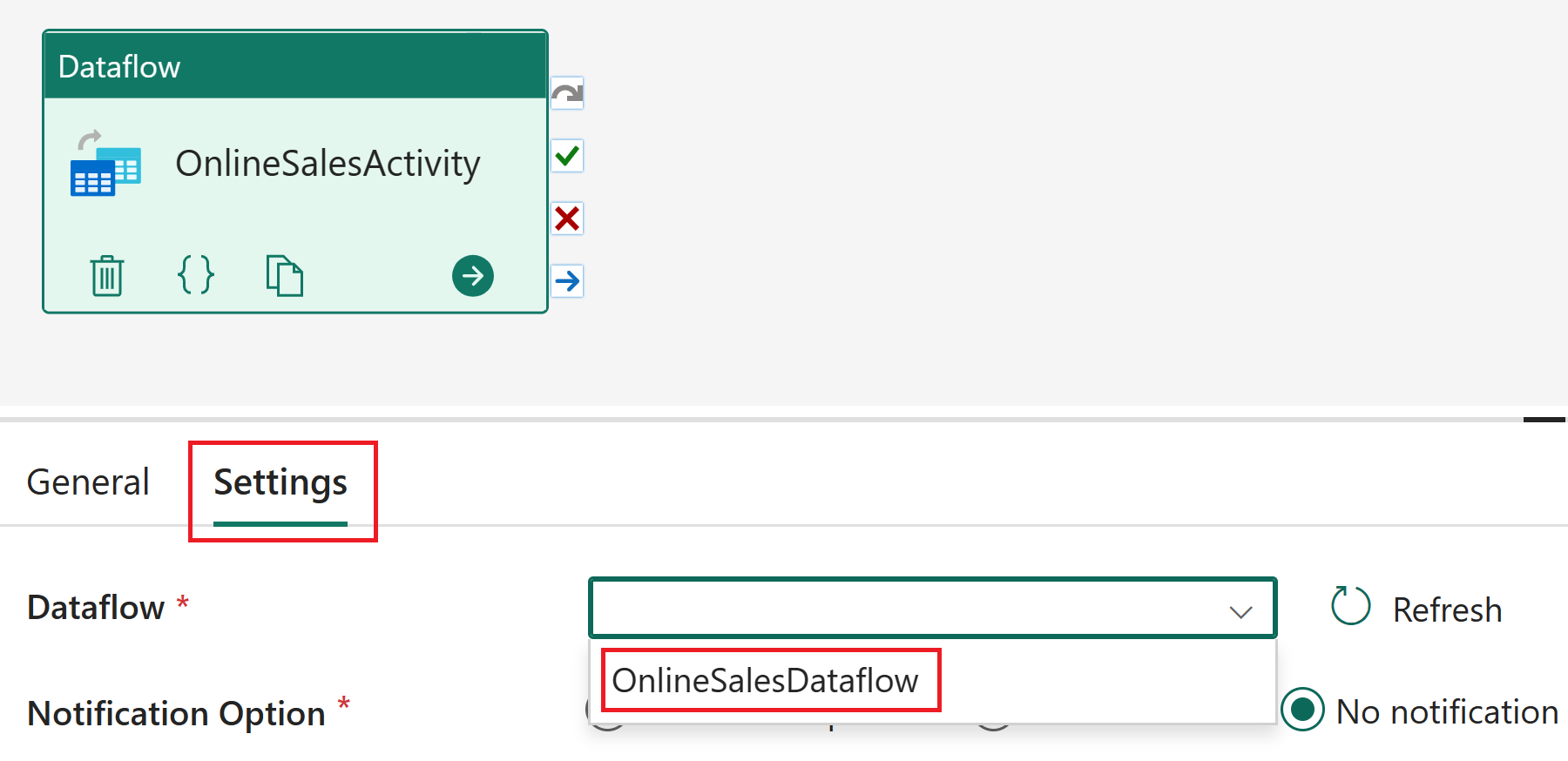 Skærmbillede af indstillingen for valg af dataflow.