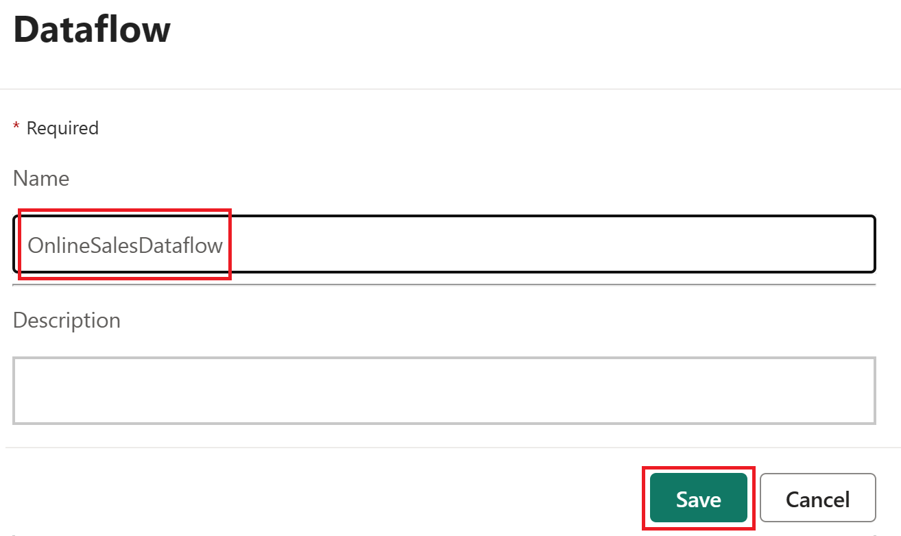 Skærmbillede af omdøbning af en indstilling for dataflow.