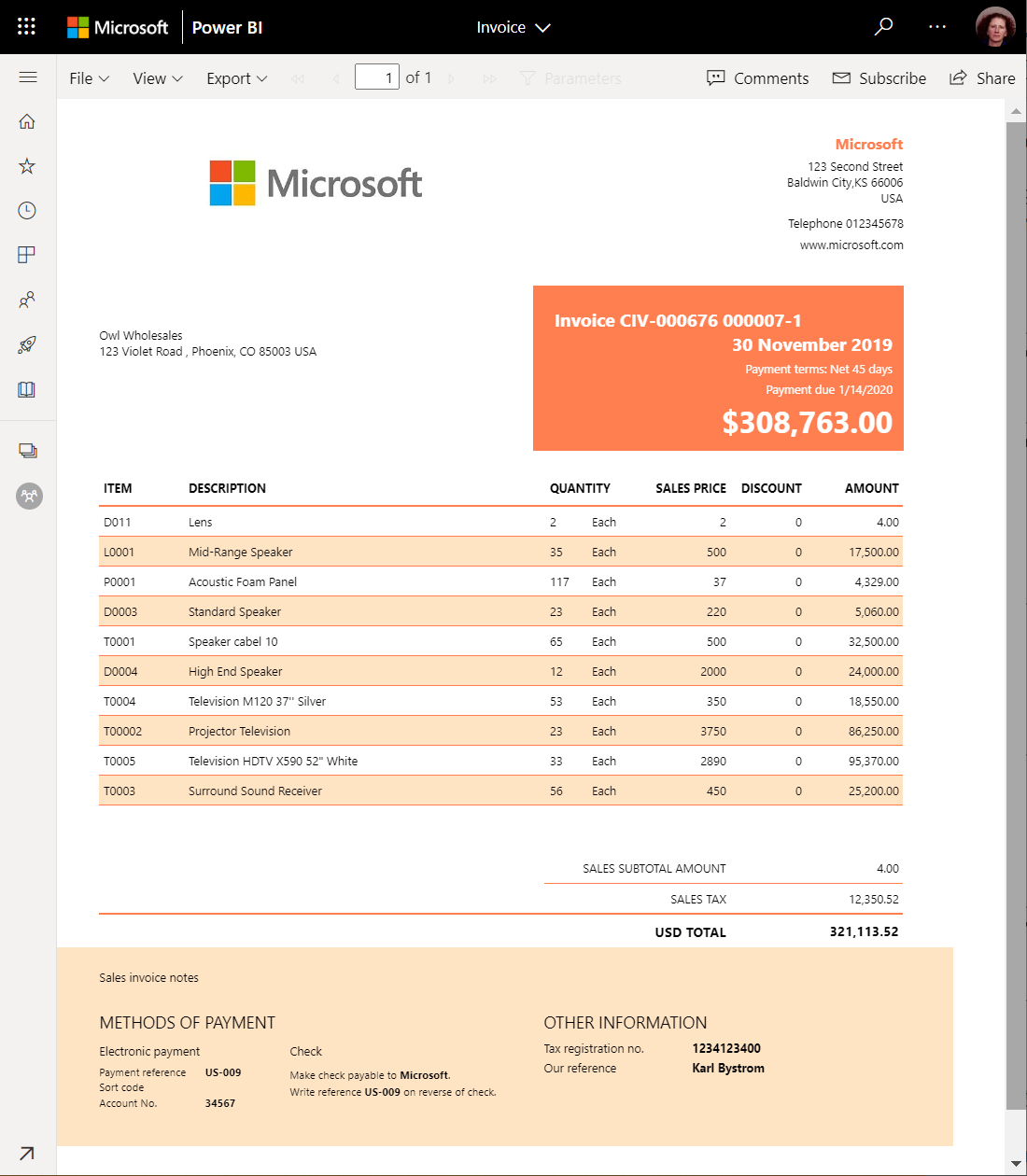 Skærmbillede af sideinddelt rapport i Power BI-tjeneste.