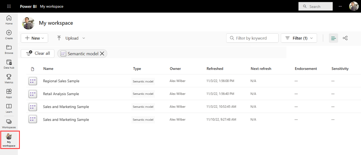 Skærmbillede af Power BI, der viser et eksempelarbejdsområde med semantiske modeller valgt.